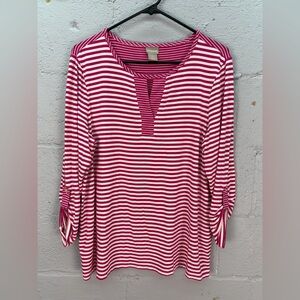 Chicos Women's Pink White Stripe  3/4 Roll Tab Keyhole Detail Shirt Size Large